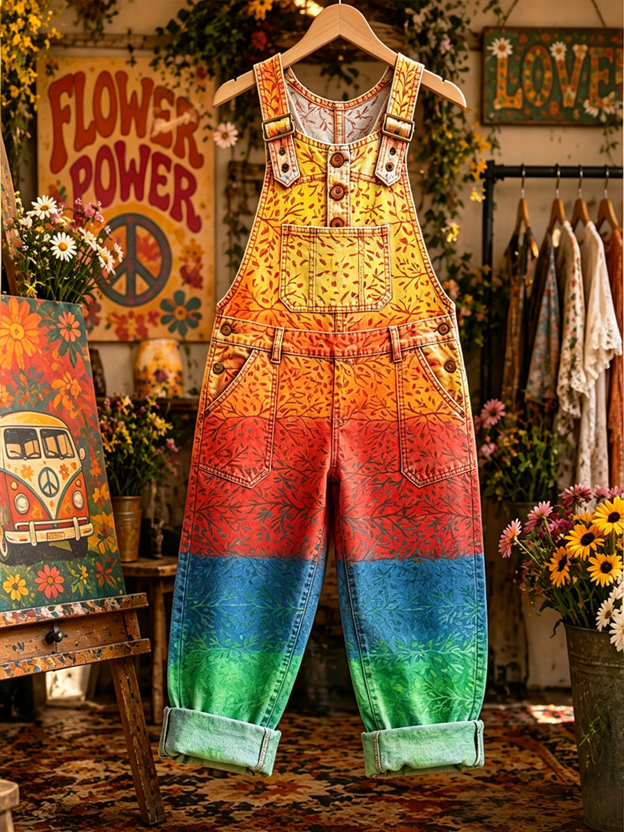 Women's Retro Style Art Print Washed Cotton Denim Patchwork Jumpsuit